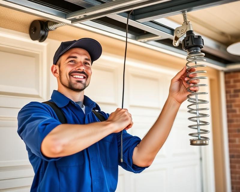 Professional garage door technician inspecting garage door springs